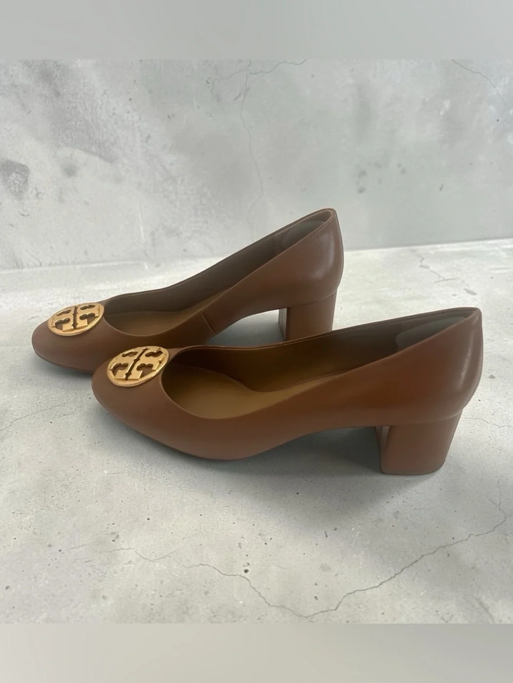 Tory Burch Royal Tan Leather Block Heel Pumps with Gold Logo
